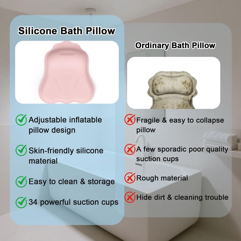 Deenwada Silicone Bath Pillow for Tub – Ergonomic Bathtub Headrest with Inflatable Air Cushion, Non-Slip Suction Cups & Neck/Back Support – Comfortable Spa Bath Accessory for Relaxation (Pink) - Image 4